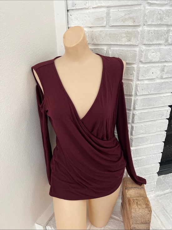 White House Black Market Tops - White House Black Market Burgundy Cold-Shoulder Wrap Blouse